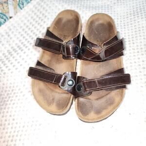 BIRKENSTOCK BIRKIS MADURA BROWN PATENT LEATHER SANDALS SZ 9.5